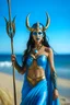 Placeholder: A picture of a beautiful "blue" faced indian goddess with skin painted blue, "blue painted body", blue painted torso, wild black hair, stag antlers, elven ears, golden skirt, holding a staff on a sunny beach