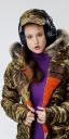 Placeholder: Brunette woman. average body type, think thighs and thick calves. Mantle is sewed of recycled Denim and sewed together of camouflage pieces. Printed camouflage figures are orange,terracotta, cream and purple. It is with big bright purple felt tippet and cream-colored-hood. mantle is merged with satchel. . AKG-style headphones (gold rings!) is merged with small felt cap with small visor. Style: Haute Couture in 1936, Paris fashion in 2023, inspired by surreal art. Cream latex gaiter.