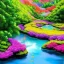 Placeholder: bright flowery landscape, cosmic atmosphere, blue lake, cascades, delicate flowers, perfect composition, 8k, super detailed,pink trees, fantasy art, complementary colours, intricate details