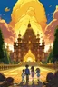 Placeholder: A young man holding the hand of a little girl stands in front of a large palace that explodes and a time portal, and four people stand inside the palace.