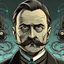 Placeholder: Futuristic, cyberpunk implants, Friedrich Nietzsche, Friedrich Nietzsche mustache, Comic style