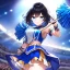 Placeholder: Clear Focus, High resolution, girl wearing a cheerleader outfit, blue eyes, medium hair length, black hair with a gradient of cyan