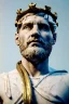 Placeholder: Realistic image, Roman sculpture made in white marble with gold veins, Lionel messi with gold laurel leaves crown, decorative star on the chest, waist up portrait, marble material, gold ornaments, Baroque style, sun rays background, epic, celestial, cinematic lighting, God lights, 4k resolution, smooth details, soft lighting, unreal engine 5, art station, substance 3d.