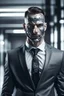 Placeholder: Bodyguard human with cyborg face in the business suit at the office