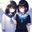 Placeholder: Clear focus,High resolution, Black short fluffy hair, and blue eyes, wearing a sailor uniform, must wear a short skirt, Blushing, Holding another girls hand, angel and devil