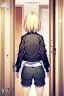 Placeholder: blonde girl with short jacket and shorts runs in a corridor in front at a mystery door, back view, line arts, manga page