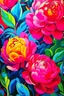 Placeholder: a vibrant and lively Risograph of peonies in full bloom. Highly intricate detailing, texture detail, 8k, The medium should be hyper-realistic drawing, with a style reminiscent of Georgia O'Keeffe's floral paintings. The lighting should be bright and direct, highlighting the intricate details and vivid colors of the flowers. The colors should be a vibrant palette of pinks, whites, and greens, with a focus on the contrast between the flowers and the background.