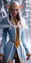 Placeholder: A long shot of a Cute elven female adventurer with ears out of her hairsdressed in a warm overcoat, wearing boots on paves, posing frontally, in style of Cedric Peyravernay Art, microdetails, ultradetailed --ar 2:3 --beta --upbeta --upbeta