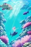 Placeholder: Underwater scene, a cute mermaid with pink hair and shimmering tail, rock, calm water, fish, beautiful colors, fine detail, high quality, seashell, octopus, mystical