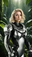 Placeholder: wide-angle Photo of a Sci-fi woman, with blond hair, wearing a silver and black spacesuit looking like an android, on an alien jungle planet