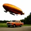 Placeholder: award winning photograph of a steampunk housefly ufo dirigible designed by only one vehicle per image painted metallic orange traveling at a high rate of speed, jet intake off of front center of vehicle and jet exhaust out the rear bilaterally symetrical,