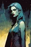 Placeholder: create a hardened, vampire girl in the comic book art style of Mike Mignola, Bill Sienkiewicz and Jean Giraud Moebius, , highly detailed,, grainy, gritty textures, , dramatic natural lighting