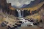 Placeholder: waterfall icelandic ravine, Night, rocks, mountains, river, vegetations, dry weeds, sand, konstantin korovin impressionism paintings