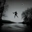 Placeholder: dark man shadow float in sky. scared people. river. river rock . valley . night