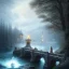 Placeholder: fantasy art, book cover, upper body of big mad wizard in front of the ebony stairs of a bridge or dam ,icy water, on the bridge is a wolf, there is also a hawk and everything is seen from the tree tops