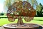 Placeholder: flat lace abstract sculpture representing an apple tree erected in a meadow. the trunk and leaves are rusted unpainted iron the flat metal apples are enamelled red