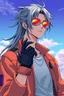 Placeholder: male cyberpunk solo with long hair tail, Norwegian, Wearing Leisureware and mirrored sunglasses, wearing gloves without fingers, lean, nice, correct hands, 90s Anime Style, Retroanime, Video Game Character,