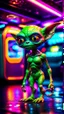 Placeholder: sexy stunt alien gremlin in telephone both caravan parked in dark neon lit reflective wet arcade hall tunnel,bokeh like f/0.8, tilt-shift lens 8k, high detail, smooth render, down-light, unreal engine, prize winning