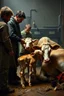 Placeholder: people kidnapping young calf while medicating old cow, inside science factory, painted by Rembrandt