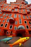 Placeholder: A crazy surreal incandescent building with flying fishes by artist "Sandy Skoglund",by artist "Hundertwasser",by artist "Victor Enrich"