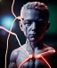 Placeholder: Ultra realistic photographic night portrait, full body shot view, cinematic, naked, young, face shaved, led lights <child man> <hanging wires> many wires connected to the head <perfect pupil> <cyborg> <garage> <sci-fi futuristic> <thriller>, fog, soft color, highly detailed, unreal engine 5, ray tracing, RTX, lumen lighting, ultra detail, volumetric lighting, high definition.