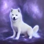 Placeholder: albino shiba inu, ethereal blue violet aura, Orion, orbs, hunter