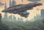 Placeholder: spaceship flying low over a jungle city