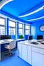 Placeholder: The office desks are hung on the walls in an oval shape, and the color of the walls is blue and the floor is white