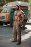 Placeholder: half figure photography of a 39 year old robust strong muscular beefy burly marocan construction workr, shirtless,wearing his work unbuttoned overalls, bulge, leaning with his back to his van, hands on the fap, big shoulders, hairy chest, big belly, very virile, short beard, short hair, side light, in a sunny street, photorealistic