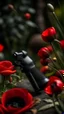 Placeholder: A small wooden hammer near a black pistol, a black leather glove and red lipstick in a dark garden filled with red poppies.Cinematic and realistic image