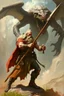 Placeholder: A worrier holding a spear fighting a creature from another world, Busch painting style
