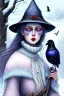 Placeholder: Friendly witch, playing with crows, perfect eyes, pastel colours, snow, style Elisabeth Kreitz