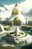 Placeholder: an enormous medieval white elf palace with golden domes and a lush green courtyard with fountains on the top of Hvannadalshnjukur glacier in Iceland