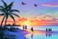 Placeholder: families sitting on a beach lagoon, birds in the sky, sunset, tropical forest