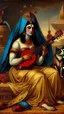 Placeholder: Bosch painting style, beautiful Cleopatra of Egypt playing the guitar by the permanent