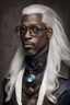 Placeholder: Forty year old steampunk steampunk ebony man whitn straight long white hair an blue eyes and round glasses