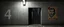 Placeholder: background of wall(wet textured concrete, gray, old, cracked, stained, 1 wall light) from underground parking, hong kong style, a large number "4" painted on left(old faded paint), at middle is a narrow opening into an area with dark stairway, cyberpunk, to the right of opening is a faded keith haring poster