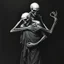 Placeholder: The image is a dark, haunting, monochromatic artwork that portrays a skeletal figure embracing or overpowering a human-like strong male figure. The skeletal entity looms from behind, its bony arms wrapped around the human, who appears to be partially draped in tattered cloth and in a state of despair or submission. ...