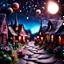 Placeholder: Detailed people, creepy street made of modeling clay, village, stars and planets, sun, volumetric light flowers, naïve, Tim Burton, strong texture, extreme detail, Max Ernst, decal, rich moody colors, sparkles, Harry Potter, bokeh, odd