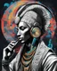 Placeholder: Illustrative sketch of Pharaoh Akhenaten in music with headphones, contrasting colors, full body, ultra quality, hyper detailed, graffiti, concept art, maximalism, 8k