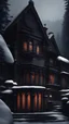 Placeholder: dark gothic mansion in snowy high mountains, cozy atmosphere