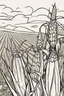 Placeholder: coloring page, corn field, cartoon style, thick lines, low detail, no shading