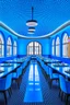 Placeholder: A restaurant with the outer shape of the walls in blue and a white floor. It contains one table in the middle of the restaurant, and the walls are oval in shape, containing 30 chairs.