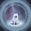 Placeholder: albino shiba inu, ethereal blue violet aura, Orion constellations, orbs, hunter