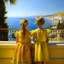 Placeholder: Neoclassicism 2 childeren from the back looking at the sea painting yellow realistic cote d'azur