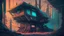 Placeholder: Wooden Cabin In futuristic cyberpunk city, comic style