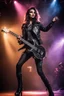 Placeholder: Photography HD realistic, full lights, music concert,Super model Beautiful girl as Queen Rocker jacket gothic art is standing on stage playing a electric guitar,stage on disco lighting,lights everywhere.