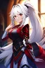 Placeholder: girl, masterpiece, best quality, cinematic lighting, detailed outfit, vibrant colors, perfect eyes, long hair, white hair, red eyes, ponytail, messy hair, hair between eyes, indoors, depth of field, ray tracing, armored dress, angry, smile,