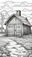 Placeholder: coloring page, old barn, cartoon style, thick lines, low detail, no shading