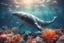 Placeholder: dinamycally swimming antropomorph cat whale in the sea, fishes, corals, shells, bubbles in sunshine, ethereal, cinematic postprocessing